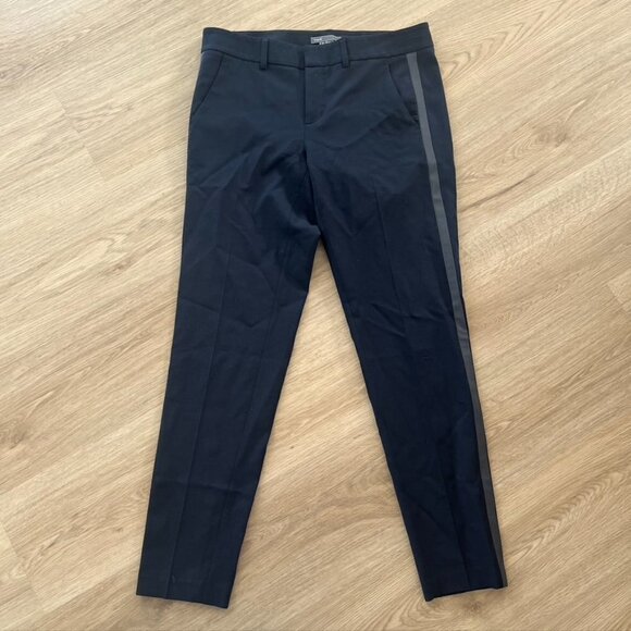 Vince Leather Trim Wool Pants Trousers Straight Leg Navy Green Women's Size 2 - Picture 1 of 11